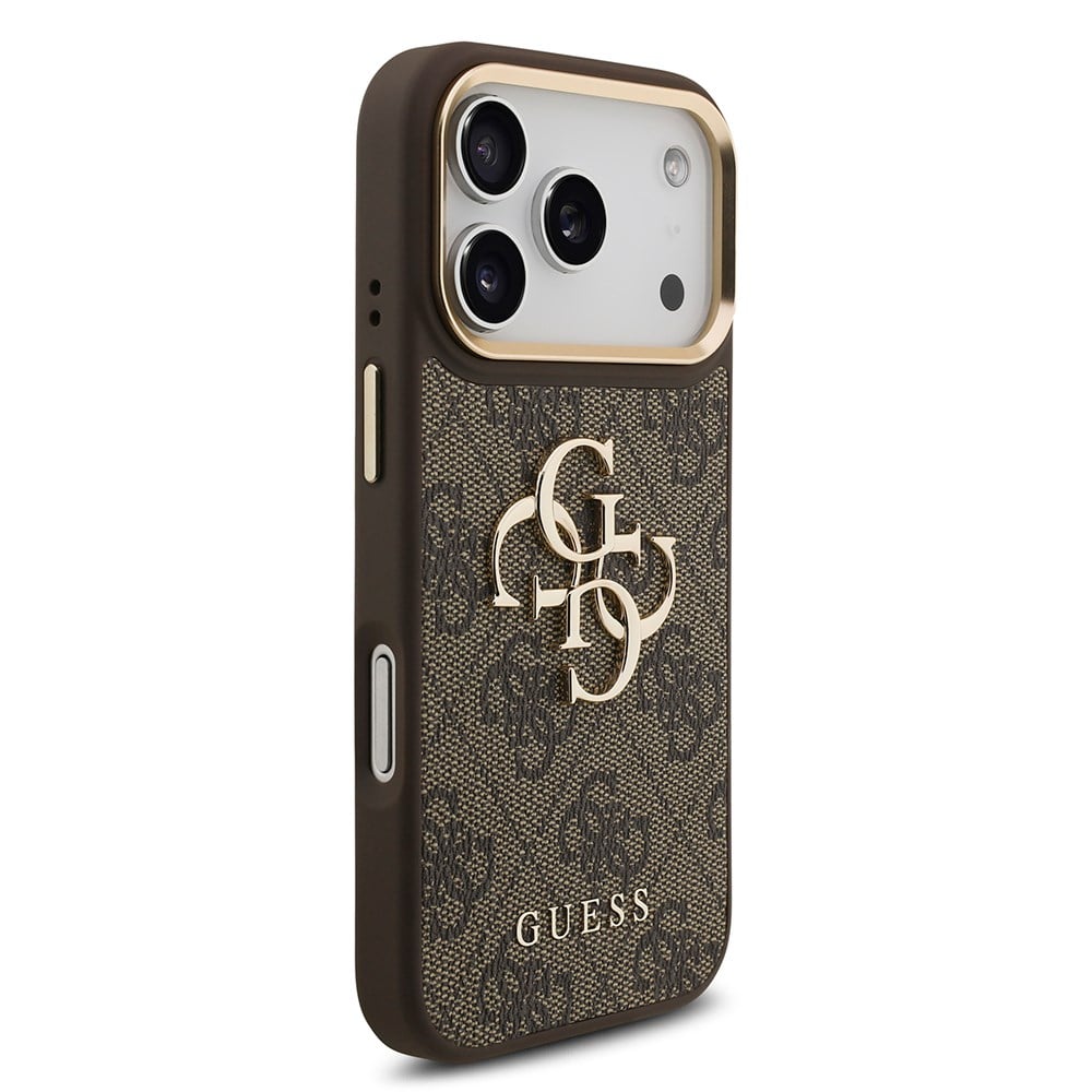 Apple iPhone 17 Pro Kılıf Guess Orjinal Lisanslı Gold Metal Kamera Çerçeveli 4G Desenli Metal Büyük 4G ve Yazı Logolu Kapak