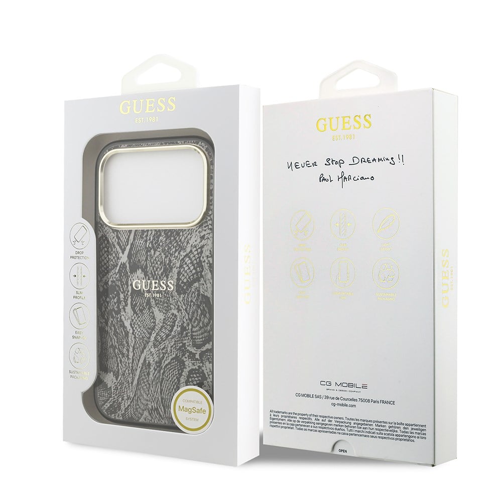 Apple iPhone 17 Pro Kılıf Guess Orjinal Lisanslı M-safe Şarj Özellikli Yazı Logolu Python Desenli Kapak