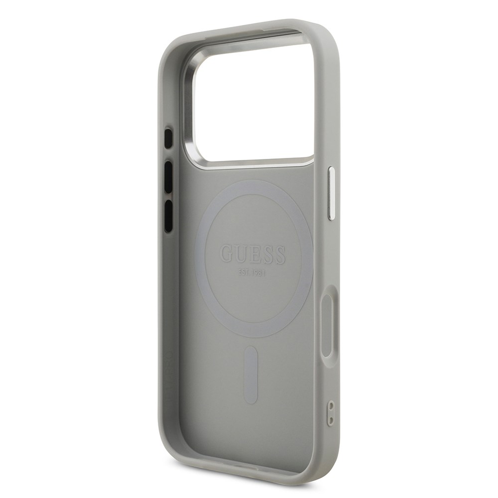 Apple iPhone 17 Pro Kılıf Guess Orjinal Lisanslı M-safe Şarj Özellikli Metal Kamera Çerçeveli Üçgen Logolu Glitter Kapak