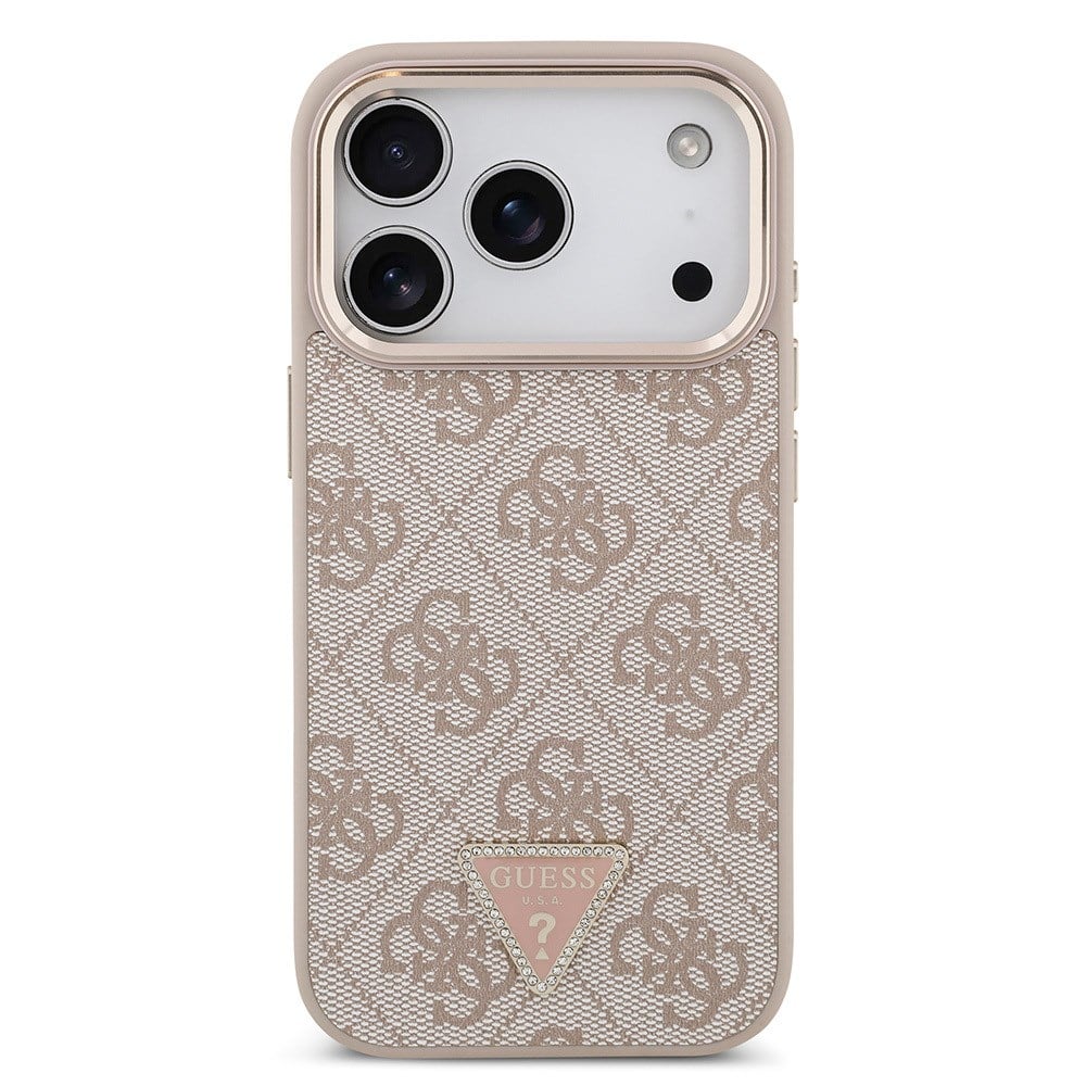 Apple iPhone 17 Pro Kılıf Guess Orjinal Lisanslı M-safe Şarj Özellikli Gold Metal Kamera Çerçeveli Taşlı Üçgen Logo 4G Desenli Kapak