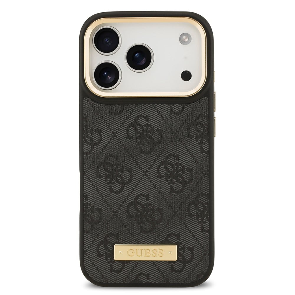 Apple iPhone 17 Pro Kılıf Guess Orjinal Lisanslı M-safe Şarj Özellikli 4G Desenli PU Metal Plaka Klasik Logolu Kapak
