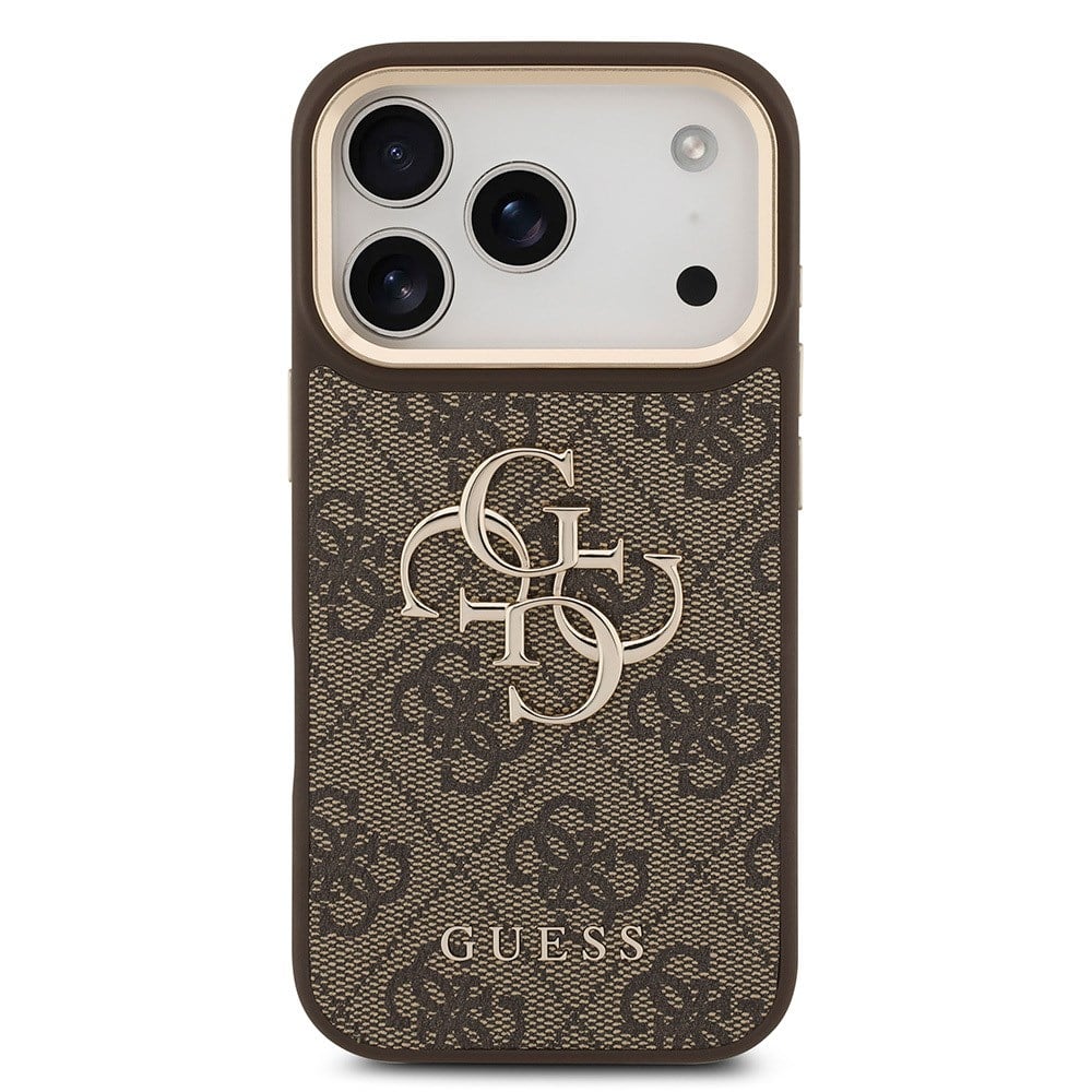 Apple iPhone 17 Pro Kılıf Guess Orjinal Lisanslı Gold Metal Kamera Çerçeveli 4G Desenli Metal Büyük 4G ve Yazı Logolu Kapak