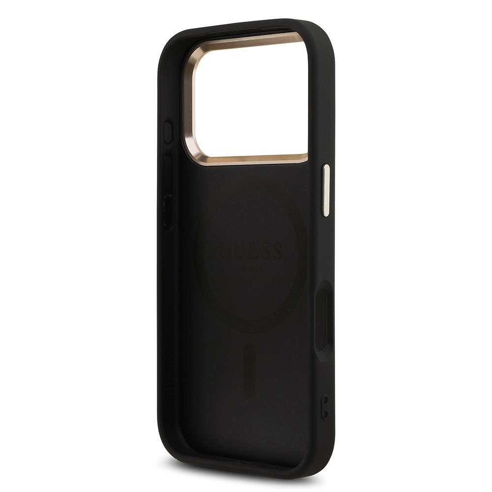 Apple iPhone 17 Pro Kılıf Guess Orjinal Lisanslı M-safe Şarj Özellikli Gold Metal Kamera Çerçeveli Taşlı Üçgen Logo 4G Desenli Kapak