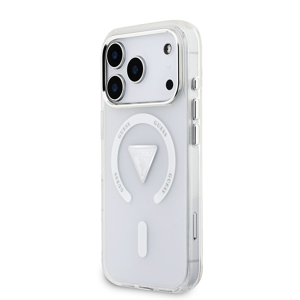Apple iPhone 17 Pro Kılıf Guess Orjinal Lisanslı M-safe Şarj Özellikli IML Baskılı Üçgen Logolu Metal Kamera Çerçeveli Kapak