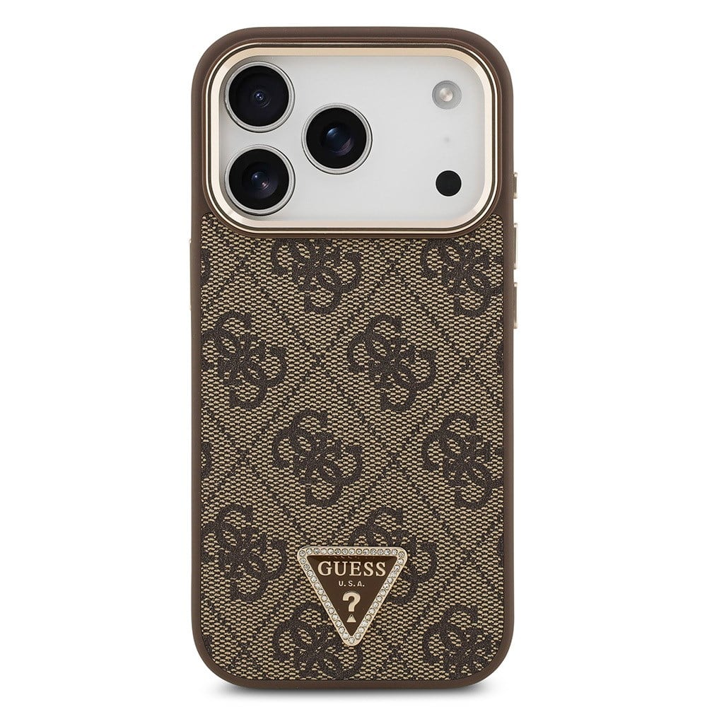 Apple iPhone 17 Pro Kılıf Guess Orjinal Lisanslı M-safe Şarj Özellikli Gold Metal Kamera Çerçeveli Taşlı Üçgen Logo 4G Desenli Kapak