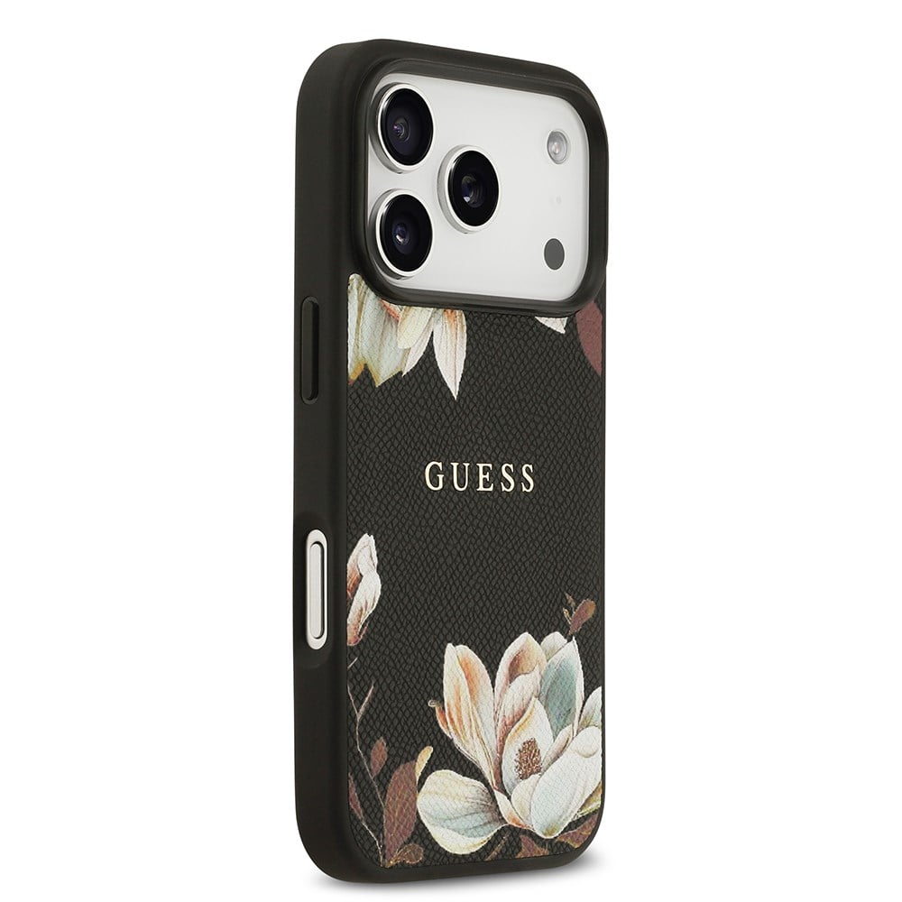 Apple iPhone 17 Pro Kılıf Guess Orjinal Lisanslı M-safe Şarj Özellikli Taneli Çiçek Tasarımlı Metal Yazı Logolu Kapak