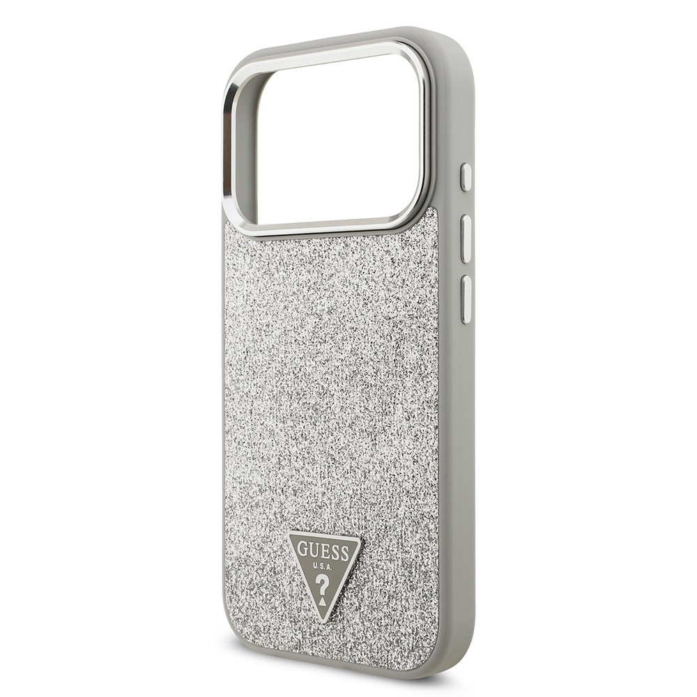 Apple iPhone 17 Pro Kılıf Guess Orjinal Lisanslı M-safe Şarj Özellikli Metal Kamera Çerçeveli Üçgen Logolu Glitter Kapak