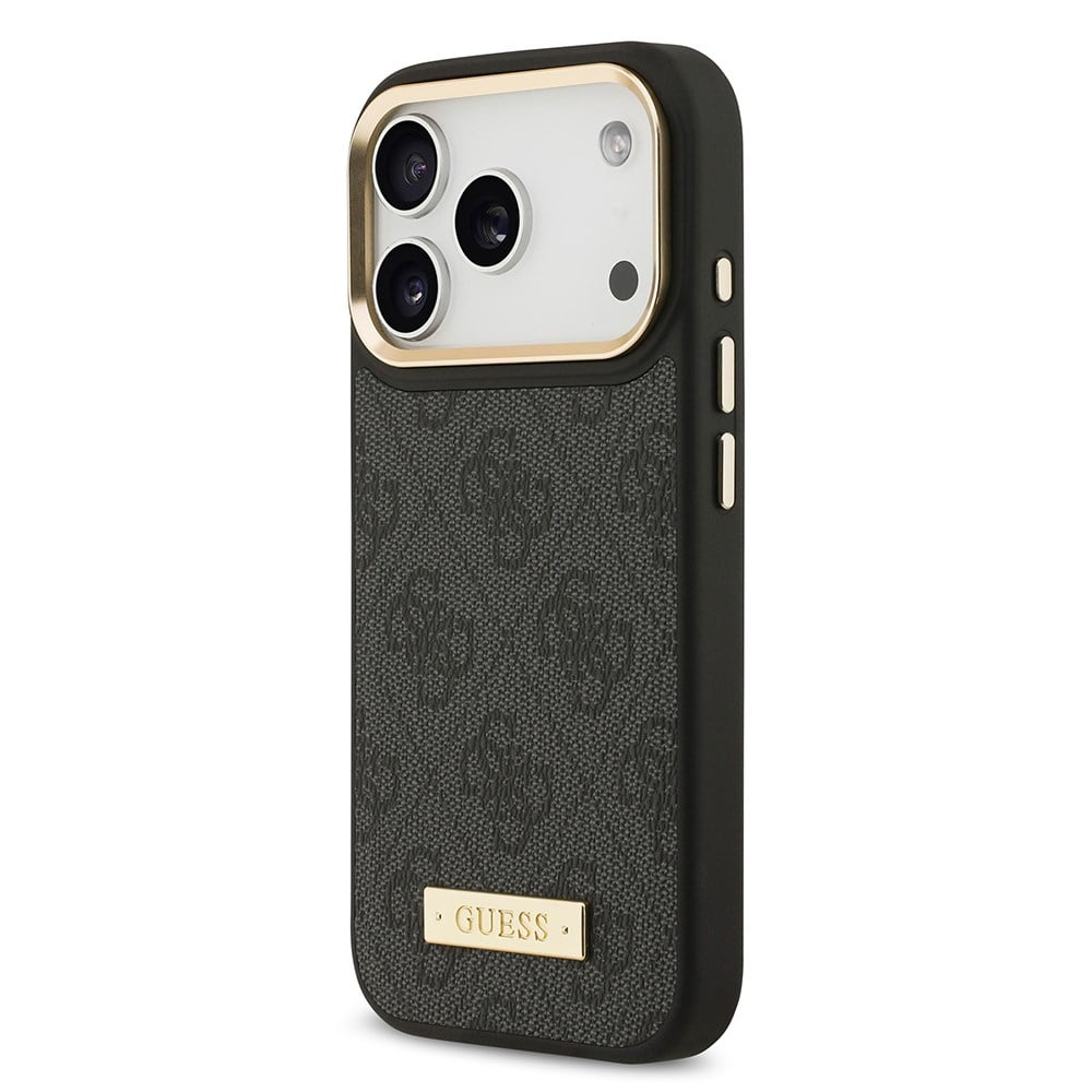 Apple iPhone 17 Pro Kılıf Guess Orjinal Lisanslı M-safe Şarj Özellikli 4G Desenli PU Metal Plaka Klasik Logolu Kapak