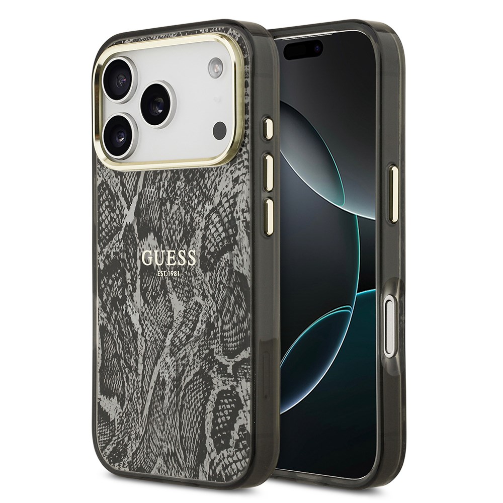 Apple iPhone 17 Pro Kılıf Guess Orjinal Lisanslı M-safe Şarj Özellikli Yazı Logolu Python Desenli Kapak