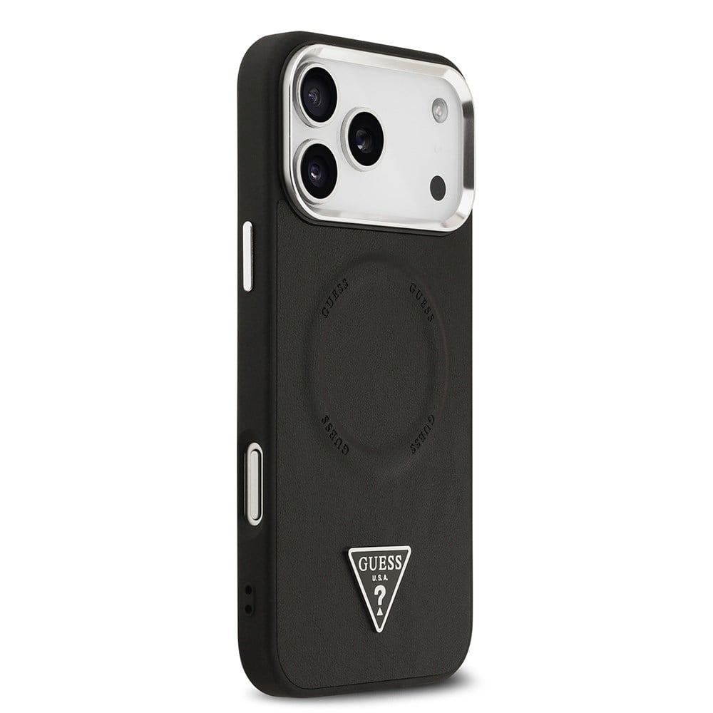 Apple iPhone 17 Pro Kılıf Guess Orjinal Lisanslı M-safe Şarj Özellikli PU Deri Metal Kamera Çerçeveli Üçgen Logolu Kapak