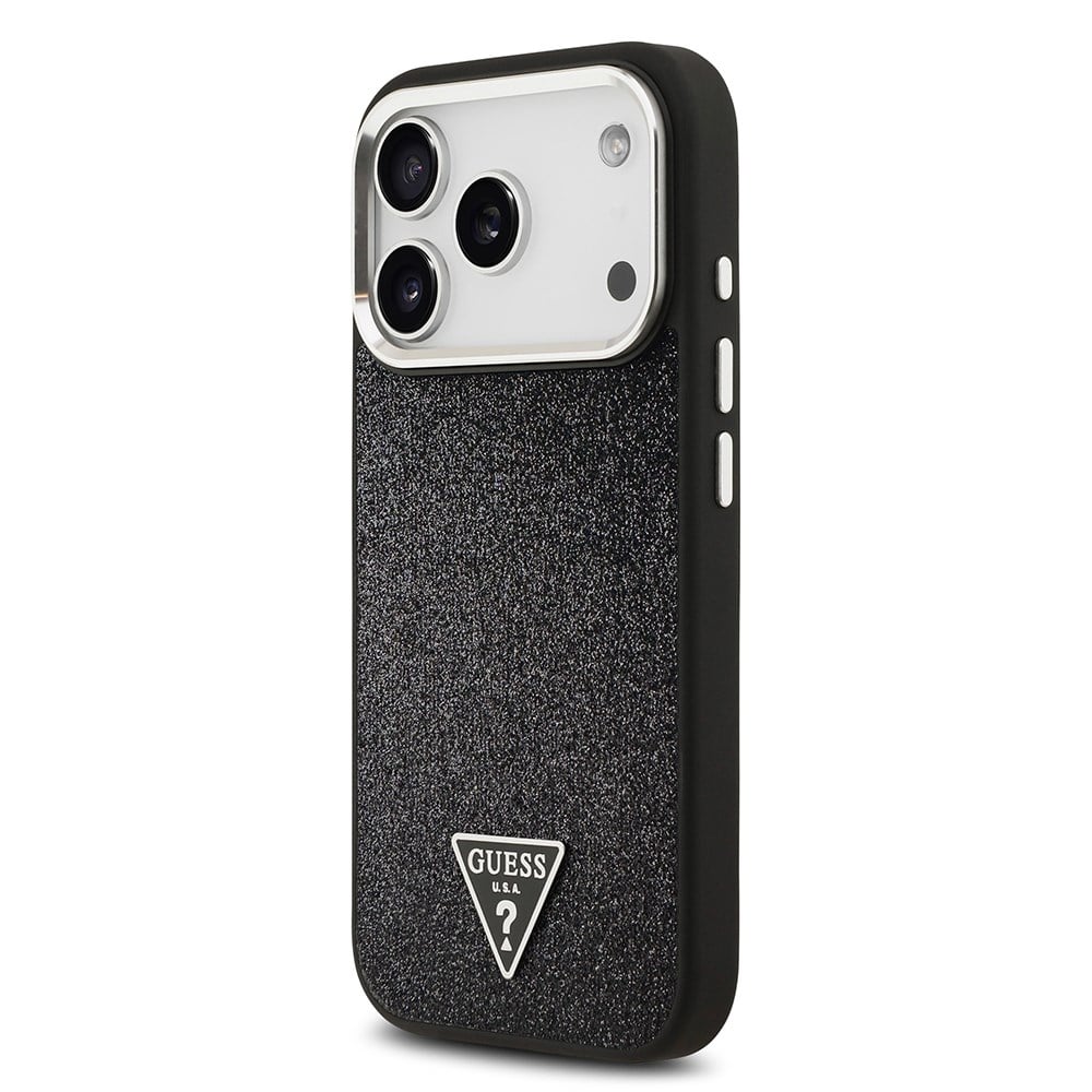 Apple iPhone 17 Pro Kılıf Guess Orjinal Lisanslı M-safe Şarj Özellikli Metal Kamera Çerçeveli Üçgen Logolu Glitter Kapak