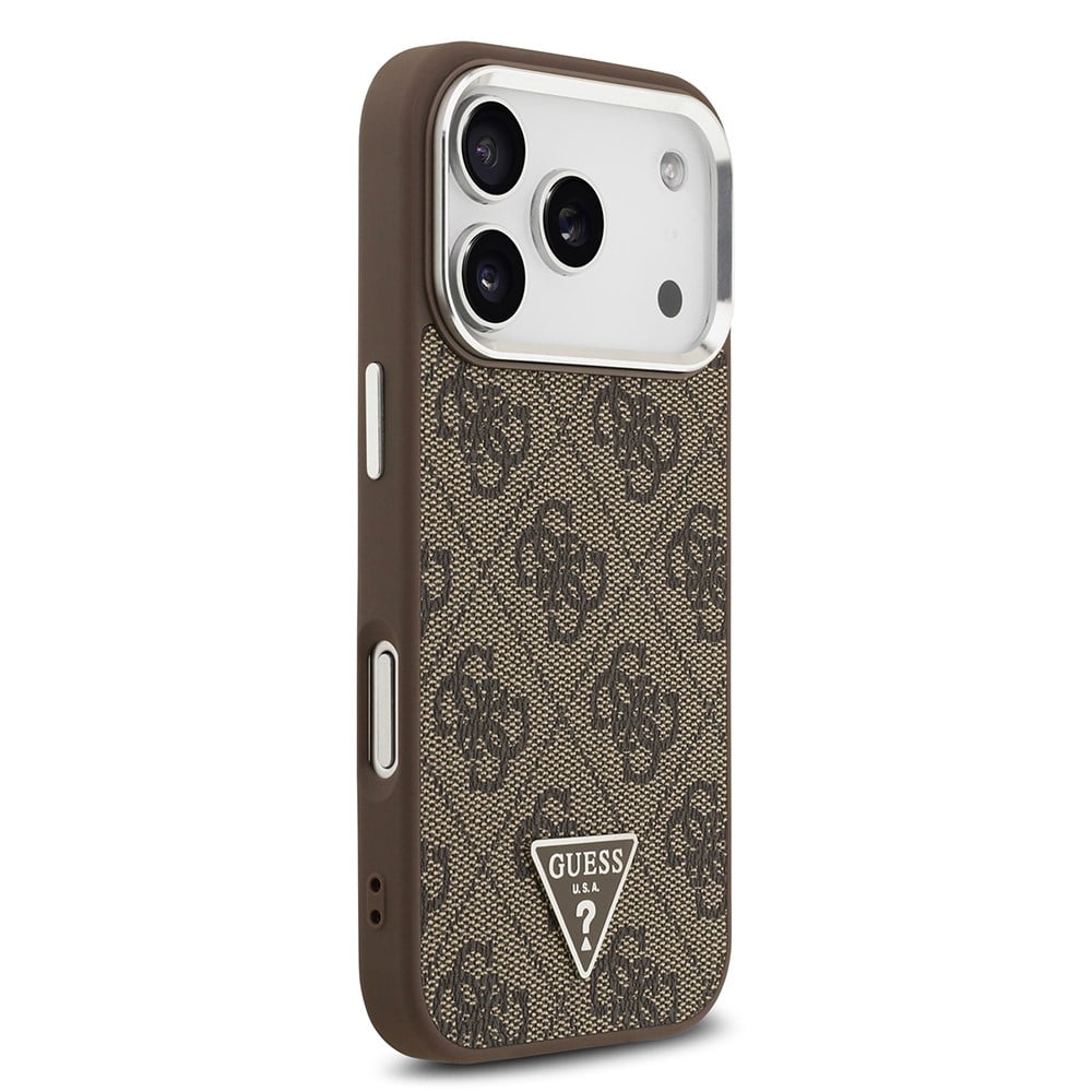 Apple iPhone 17 Pro Kılıf Guess Orjinal Lisanslı M-safe Şarj Özellikli Gümüş Metal Kamera Çerçeveli Üçgen Logo 4G Desenli Kapak