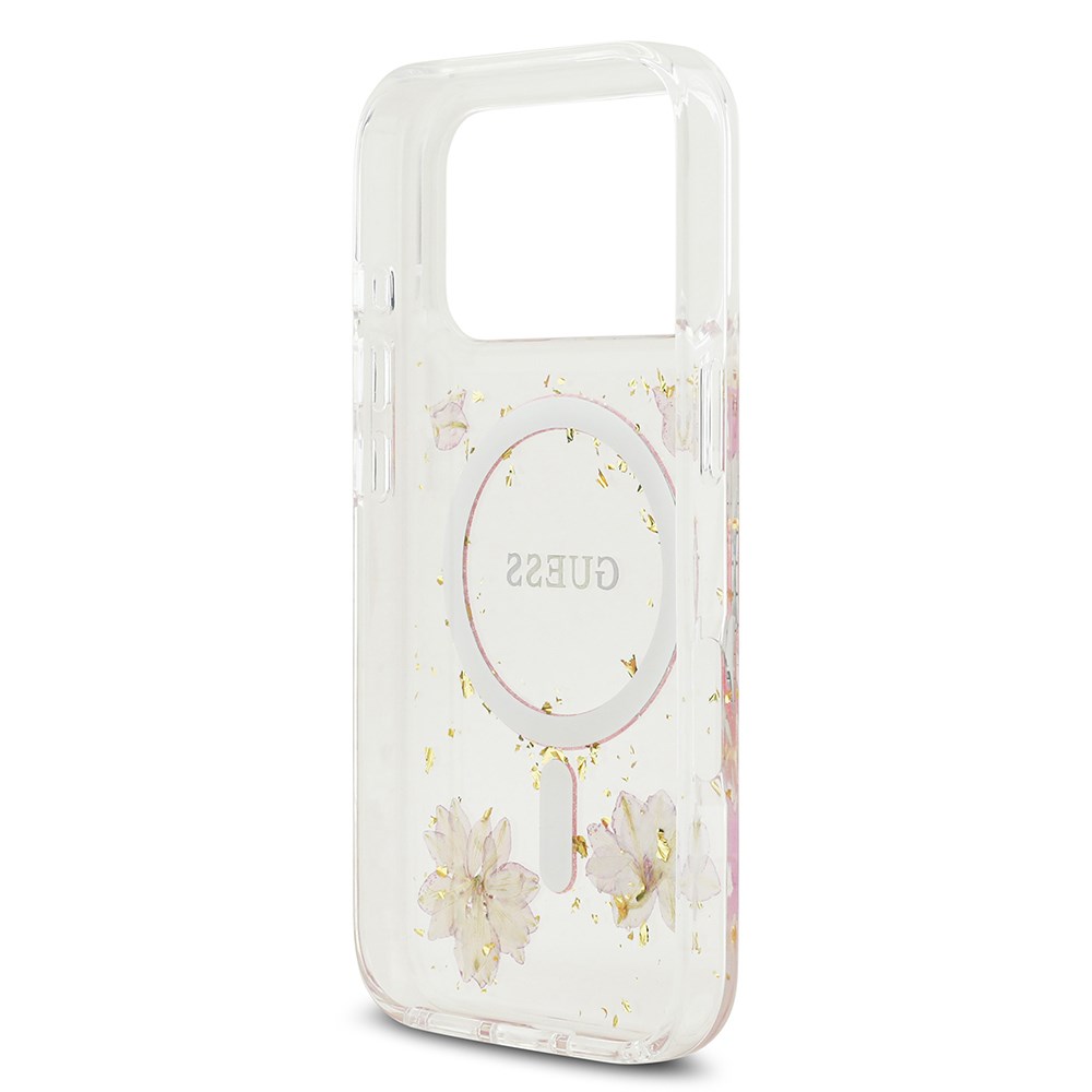 Apple iPhone 17 Pro Kılıf Guess Orjinal Lisanslı M-safe Şarj Özellikli Transparan Resin Flowers Kapak