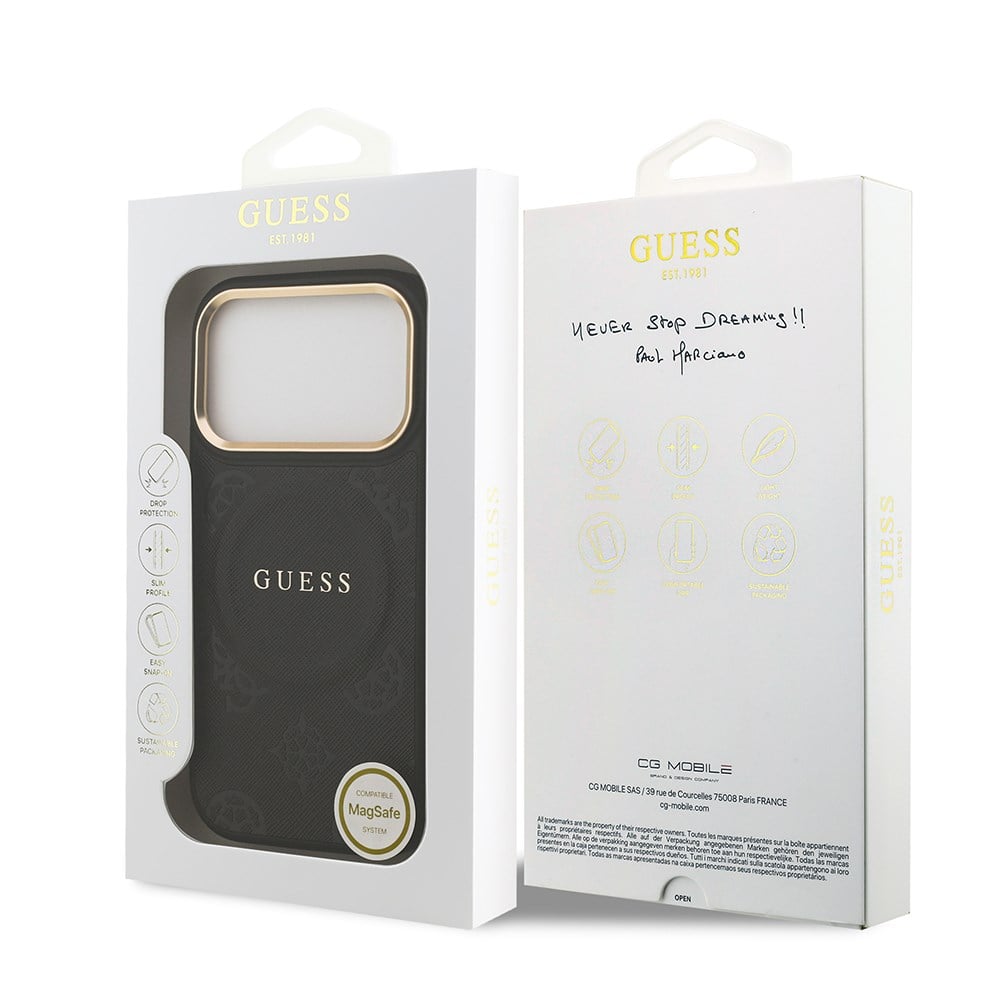 Apple iPhone 17 Pro Kılıf Guess Orjinal Lisanslı M-safe Şarj Özellikli Sıcak Baskılı Yazı Logolu PU Deri Peony Kapak
