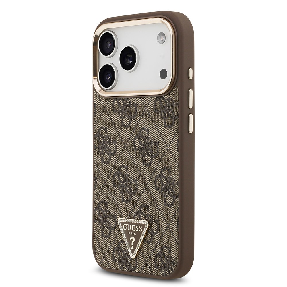 Apple iPhone 17 Pro Kılıf Guess Orjinal Lisanslı M-safe Şarj Özellikli Gold Metal Kamera Çerçeveli Taşlı Üçgen Logo 4G Desenli Kapak