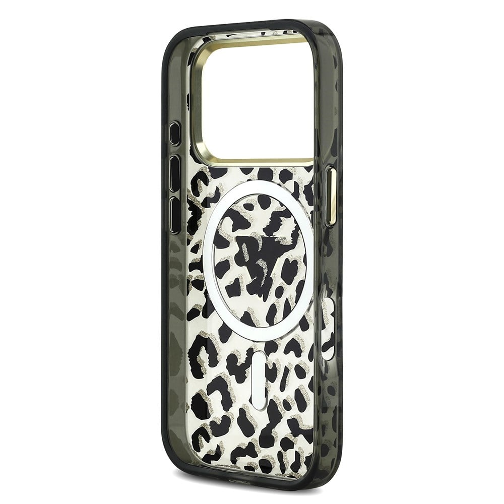 Apple iPhone 17 Pro Kılıf Guess Orjinal Lisanslı M-safe Şarj Özellikli Üçgen Logolu Simli Leopar Desenli Kapak