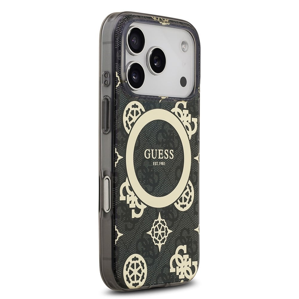 Apple iPhone 17 Pro Kılıf Guess Orjinal Lisanslı M-safe Şarj Özellikli IML Peony ve 4G Desenli Klasik Logolu Kapak