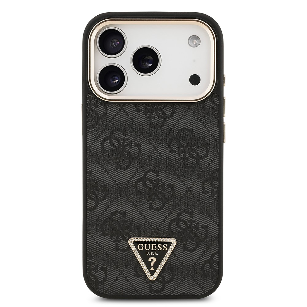 Apple iPhone 17 Pro Kılıf Guess Orjinal Lisanslı M-safe Şarj Özellikli Gold Metal Kamera Çerçeveli Taşlı Üçgen Logo 4G Desenli Kapak