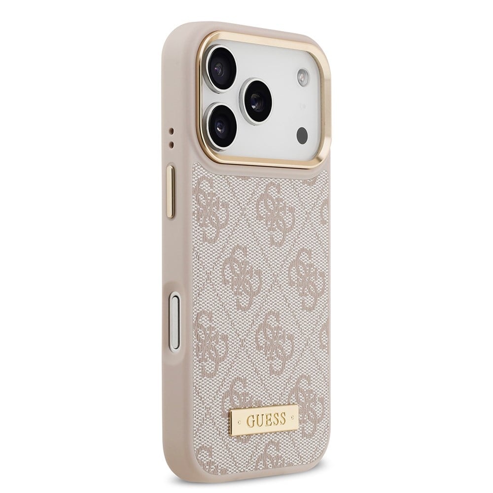 Apple iPhone 17 Pro Kılıf Guess Orjinal Lisanslı M-safe Şarj Özellikli 4G Desenli PU Metal Plaka Klasik Logolu Kapak