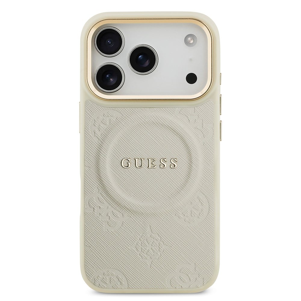 Apple iPhone 17 Pro Kılıf Guess Orjinal Lisanslı M-safe Şarj Özellikli Sıcak Baskılı Yazı Logolu PU Deri Peony Kapak