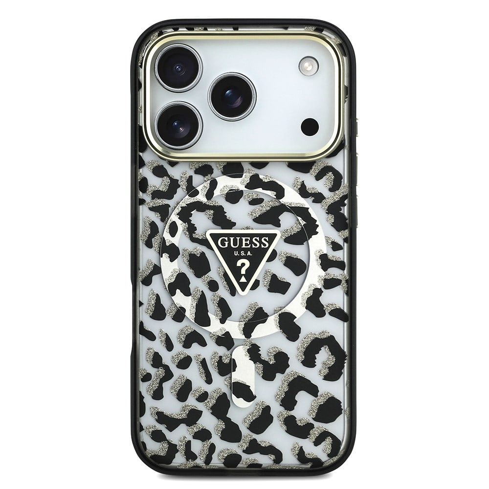 Apple iPhone 17 Pro Kılıf Guess Orjinal Lisanslı M-safe Şarj Özellikli Üçgen Logolu Simli Leopar Desenli Kapak