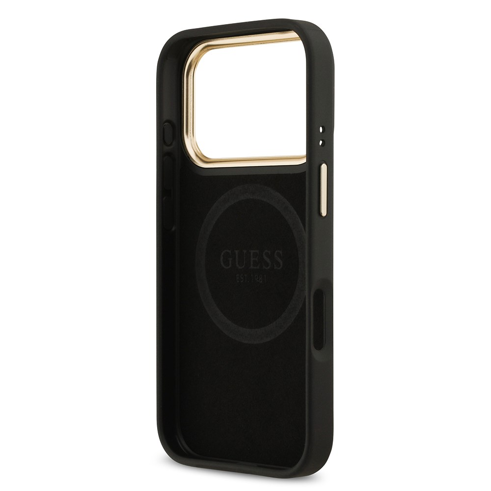 Apple iPhone 17 Pro Kılıf Guess Orjinal Lisanslı M-safe Şarj Özellikli 4G Desenli PU Metal Plaka Klasik Logolu Kapak