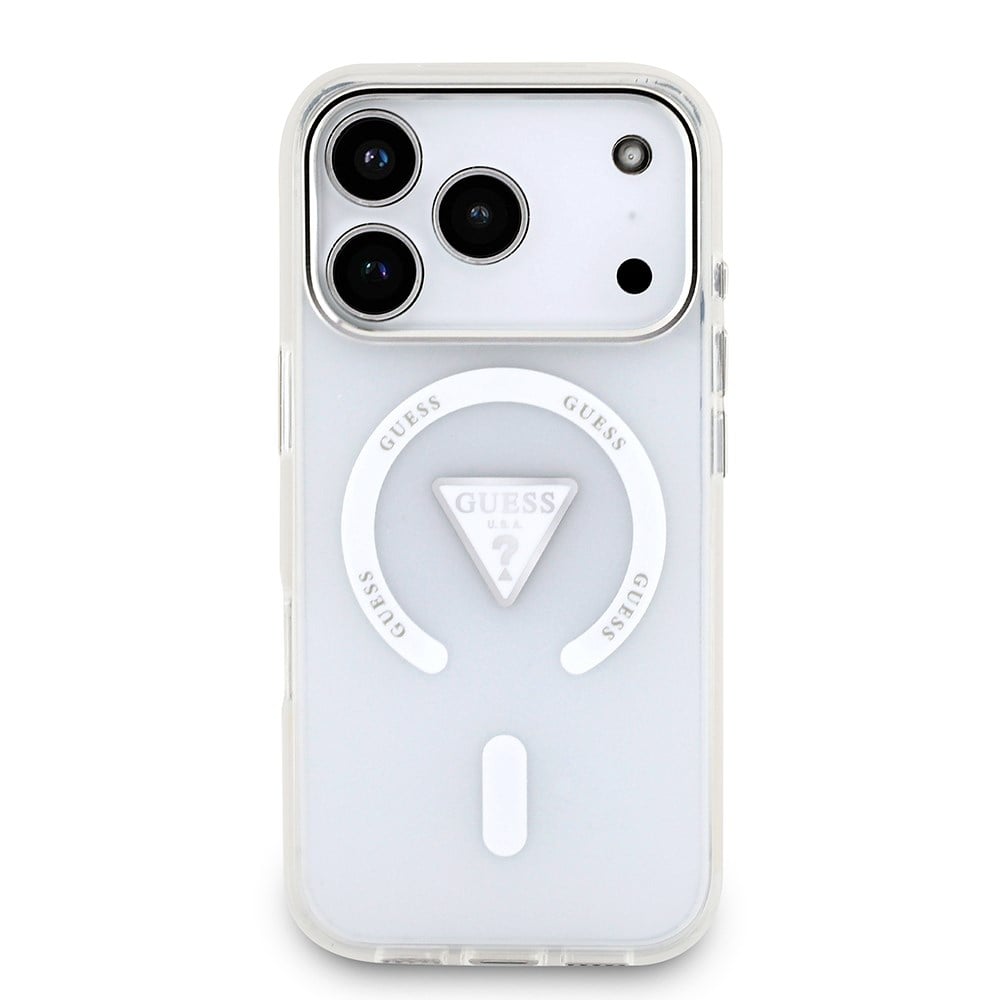 Apple iPhone 17 Pro Kılıf Guess Orjinal Lisanslı M-safe Şarj Özellikli IML Baskılı Üçgen Logolu Metal Kamera Çerçeveli Kapak