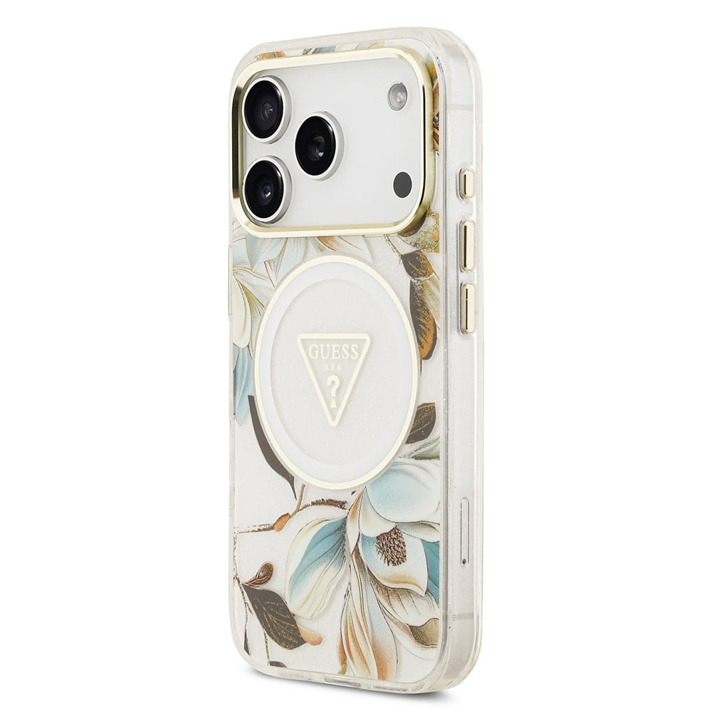 Apple iPhone 17 Pro Kılıf Guess Orjinal Lisanslı M-safe Şarj Özellikli Simli Çiçek Desenli Metal Kamera Çerçeveli Üçgen Logolu Kapak