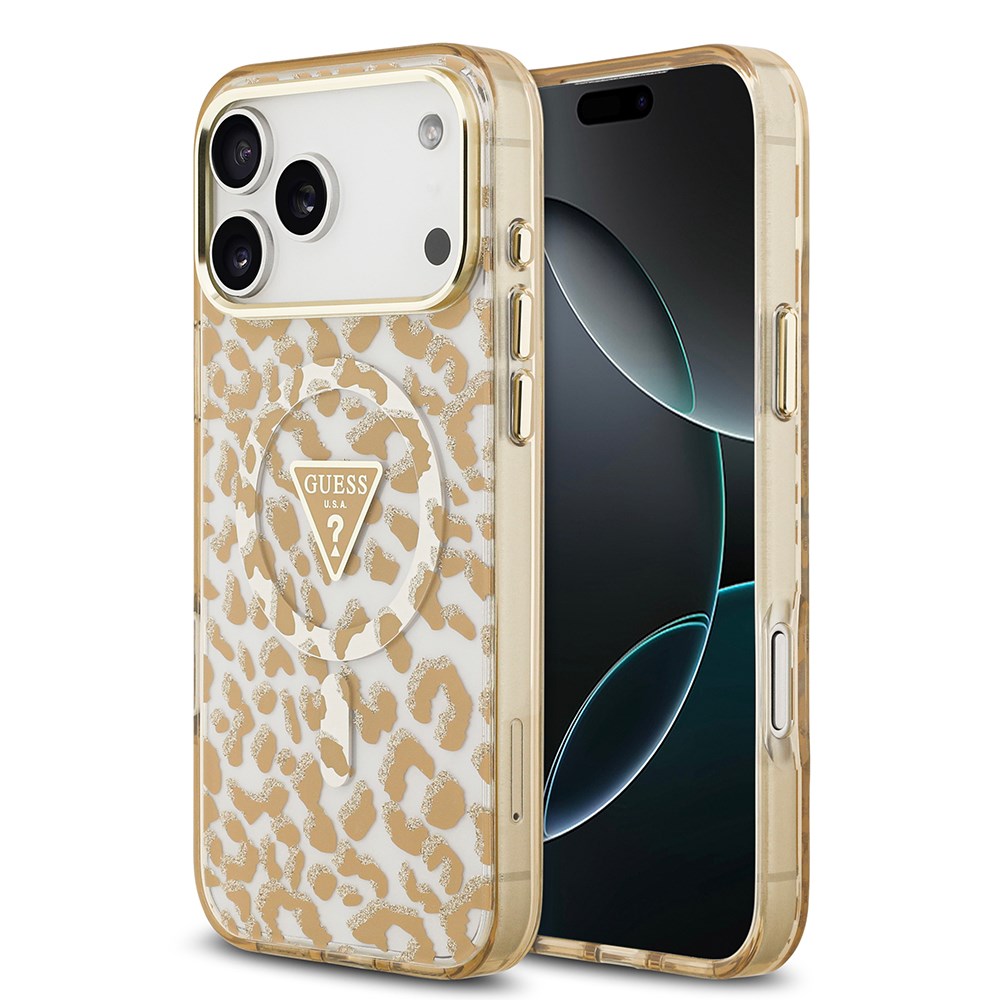 Apple iPhone 17 Pro Kılıf Guess Orjinal Lisanslı M-safe Şarj Özellikli Üçgen Logolu Simli Leopar Desenli Kapak