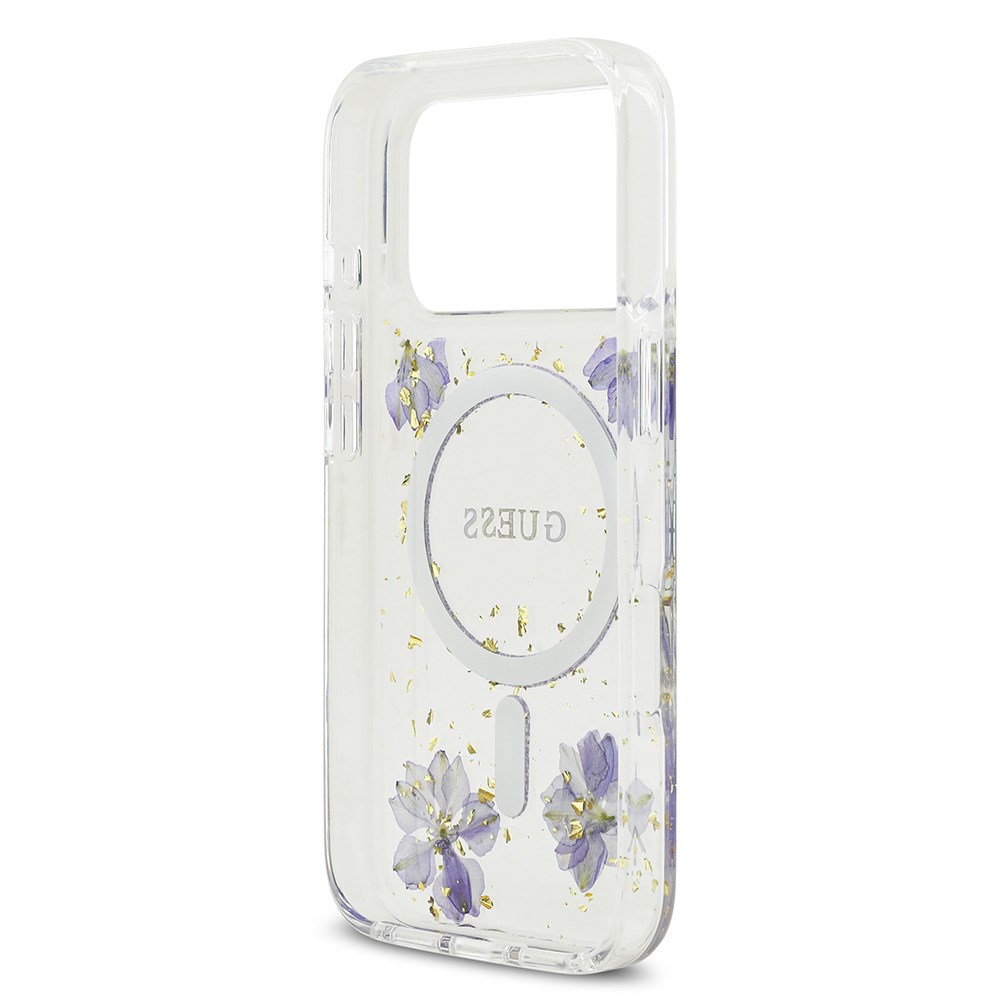 Apple iPhone 17 Pro Kılıf Guess Orjinal Lisanslı M-safe Şarj Özellikli Transparan Resin Flowers Kapak