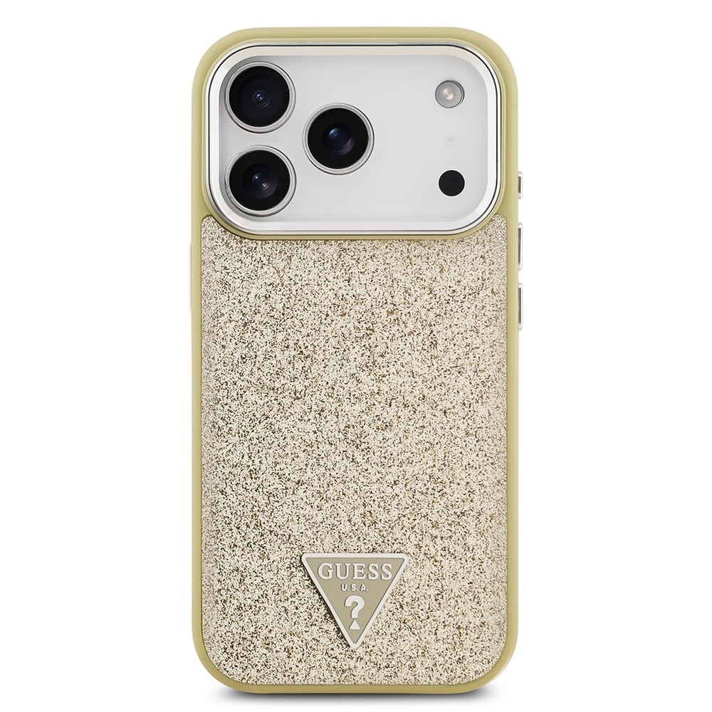 Apple iPhone 17 Pro Kılıf Guess Orjinal Lisanslı M-safe Şarj Özellikli Metal Kamera Çerçeveli Üçgen Logolu Glitter Kapak