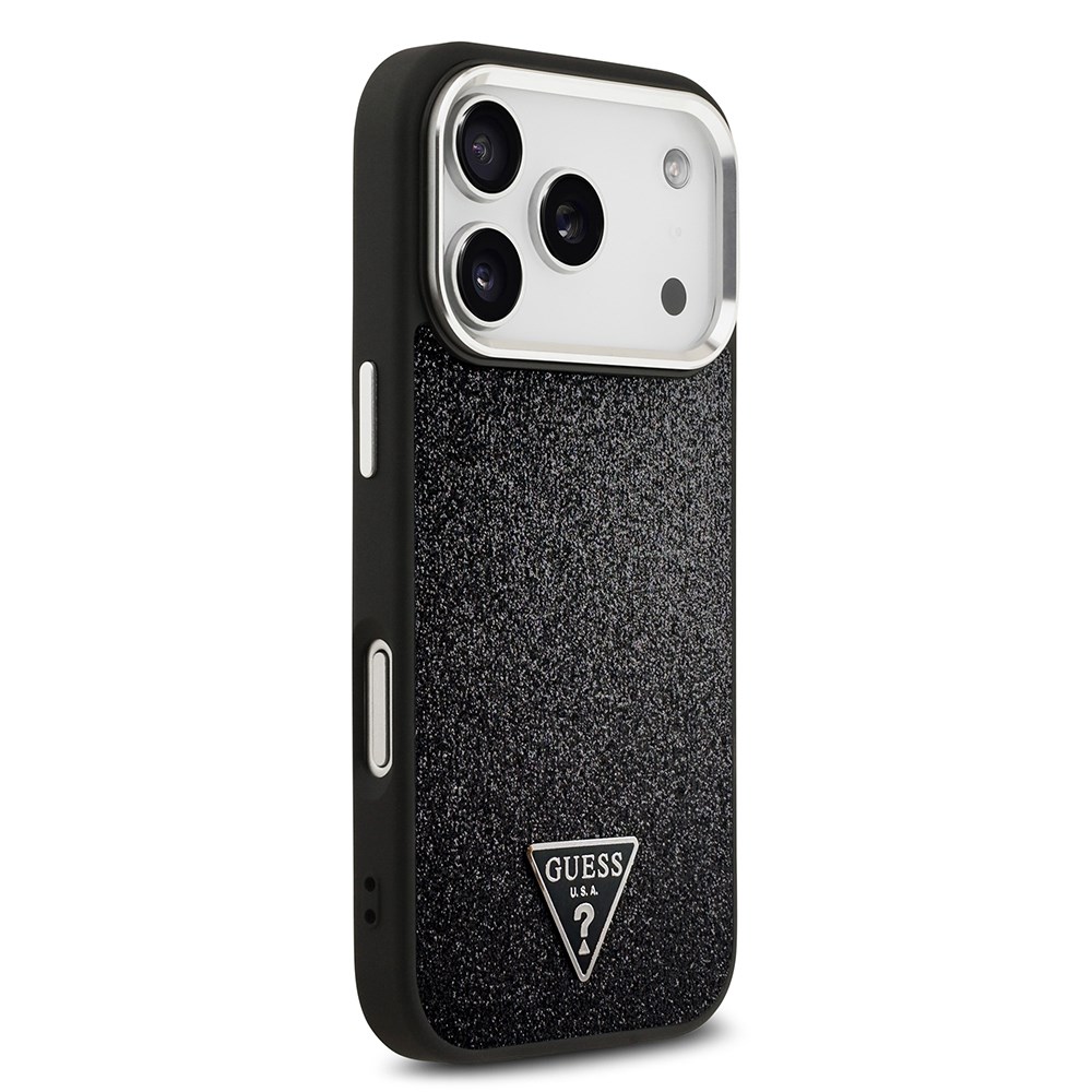 Apple iPhone 17 Pro Kılıf Guess Orjinal Lisanslı M-safe Şarj Özellikli Metal Kamera Çerçeveli Üçgen Logolu Glitter Kapak
