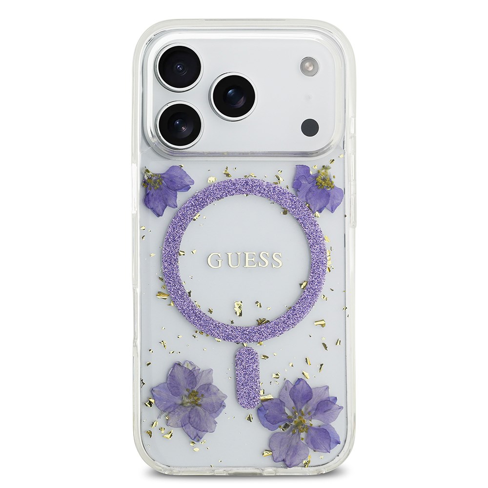 Apple iPhone 17 Pro Kılıf Guess Orjinal Lisanslı M-safe Şarj Özellikli Transparan Resin Flowers Kapak