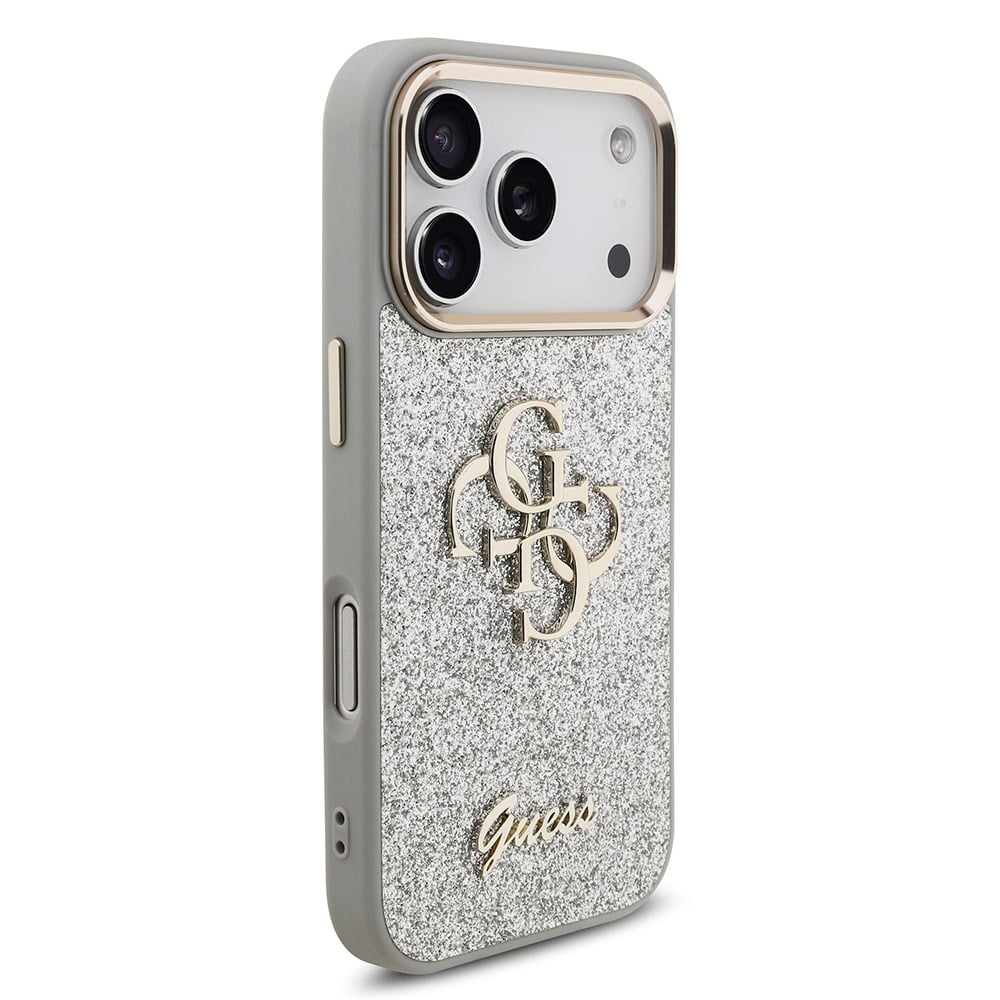 Apple iPhone 17 Pro Kılıf Guess Orjinal Lisanslı 4G Büyük Metal Kamera Çerçeveli ve Logolu Glitter Kapak