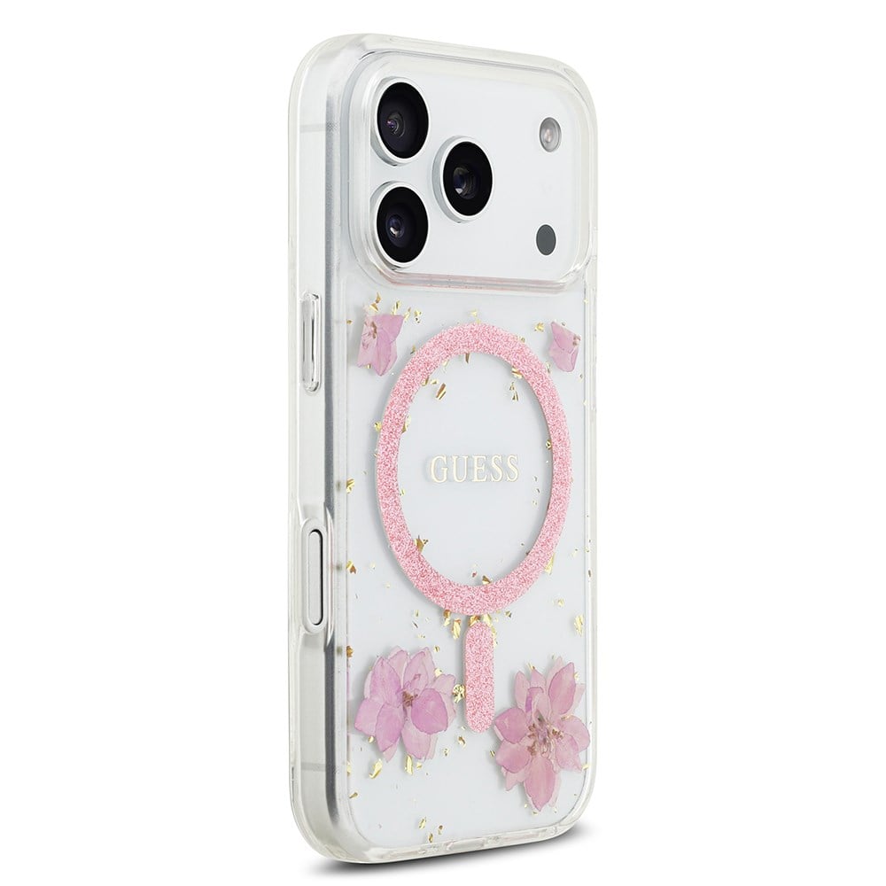 Apple iPhone 17 Pro Kılıf Guess Orjinal Lisanslı M-safe Şarj Özellikli Transparan Resin Flowers Kapak