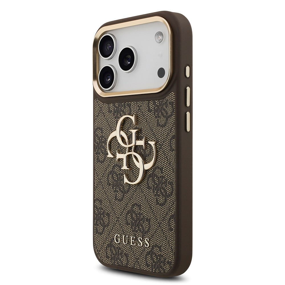 Apple iPhone 17 Pro Kılıf Guess Orjinal Lisanslı Gold Metal Kamera Çerçeveli 4G Desenli Metal Büyük 4G ve Yazı Logolu Kapak