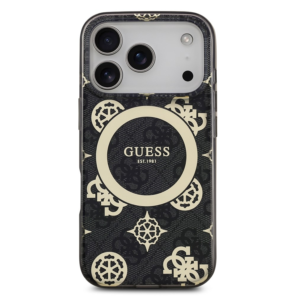 Apple iPhone 17 Pro Kılıf Guess Orjinal Lisanslı M-safe Şarj Özellikli IML Peony ve 4G Desenli Klasik Logolu Kapak
