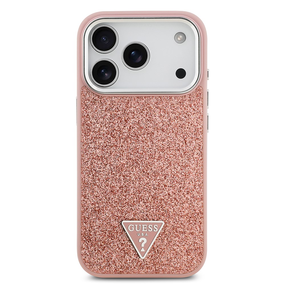 Apple iPhone 17 Pro Kılıf Guess Orjinal Lisanslı M-safe Şarj Özellikli Metal Kamera Çerçeveli Üçgen Logolu Glitter Kapak