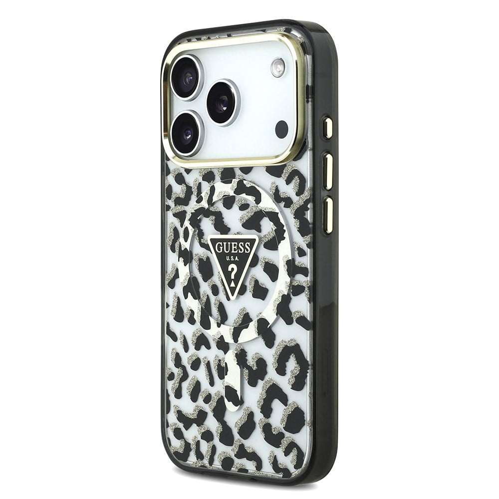 Apple iPhone 17 Pro Kılıf Guess Orjinal Lisanslı M-safe Şarj Özellikli Üçgen Logolu Simli Leopar Desenli Kapak