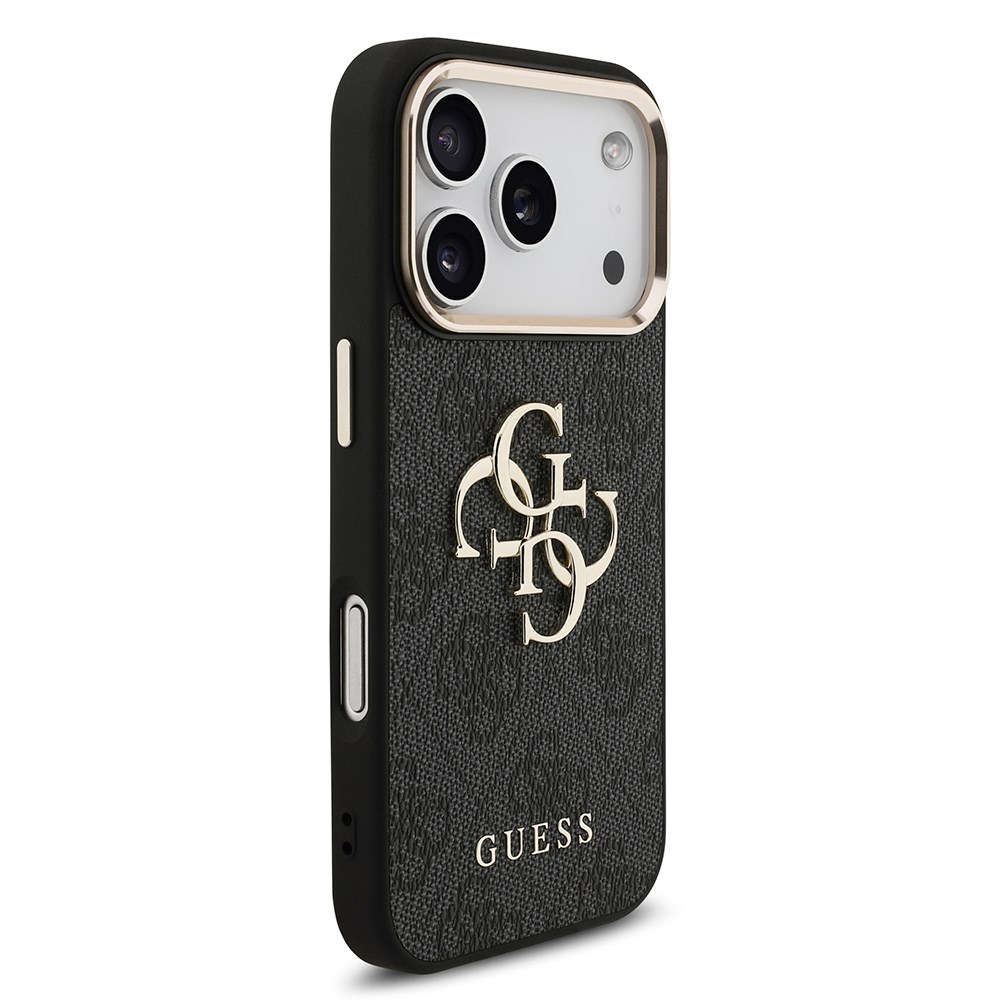 Apple iPhone 17 Pro Kılıf Guess Orjinal Lisanslı Gold Metal Kamera Çerçeveli 4G Desenli Metal Büyük 4G ve Yazı Logolu Kapak