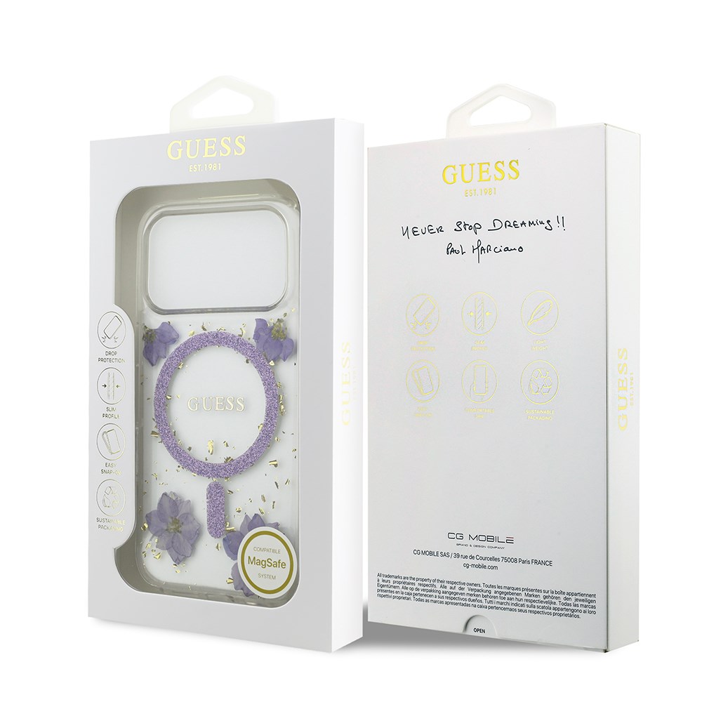 Apple iPhone 17 Pro Kılıf Guess Orjinal Lisanslı M-safe Şarj Özellikli Transparan Resin Flowers Kapak