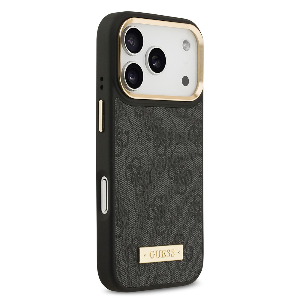 Apple iPhone 17 Pro Kılıf Guess Orjinal Lisanslı M-safe Şarj Özellikli 4G Desenli PU Metal Plaka Klasik Logolu Kapak