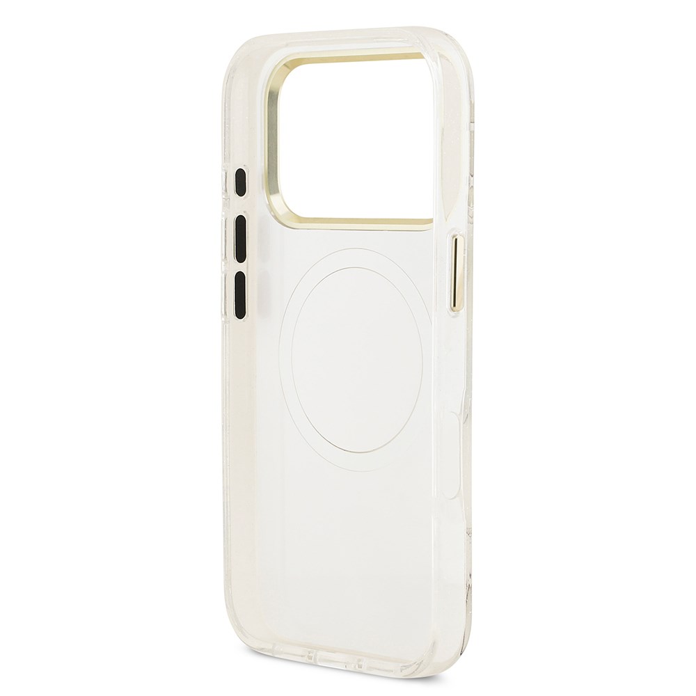 Apple iPhone 17 Pro Kılıf Guess Orjinal Lisanslı M-safe Şarj Özellikli Simli Çiçek Desenli Metal Kamera Çerçeveli Üçgen Logolu Kapak