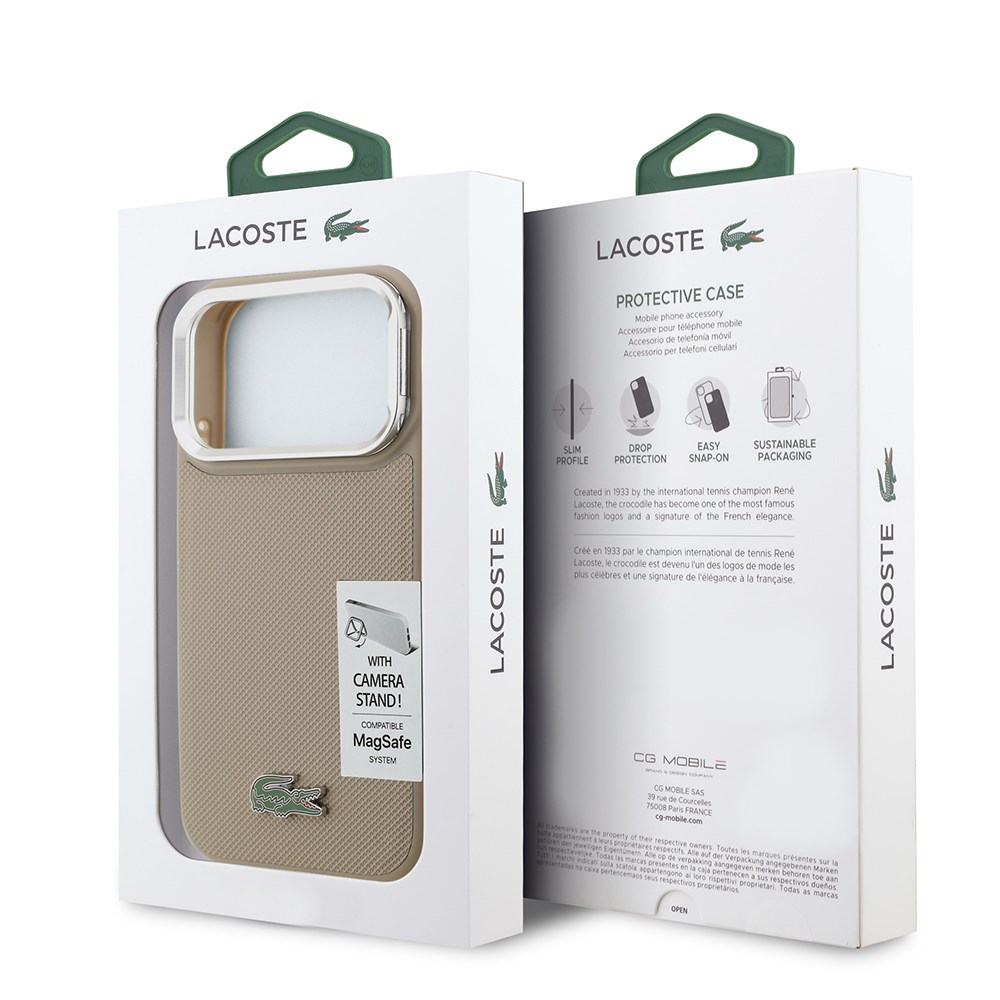 Apple iPhone 17 Pro Kılıf Lacoste Orjinal Lisanslı M-safe Şarj Özellikli PU Pike Desenli Standlı Metal Logolu Kapak