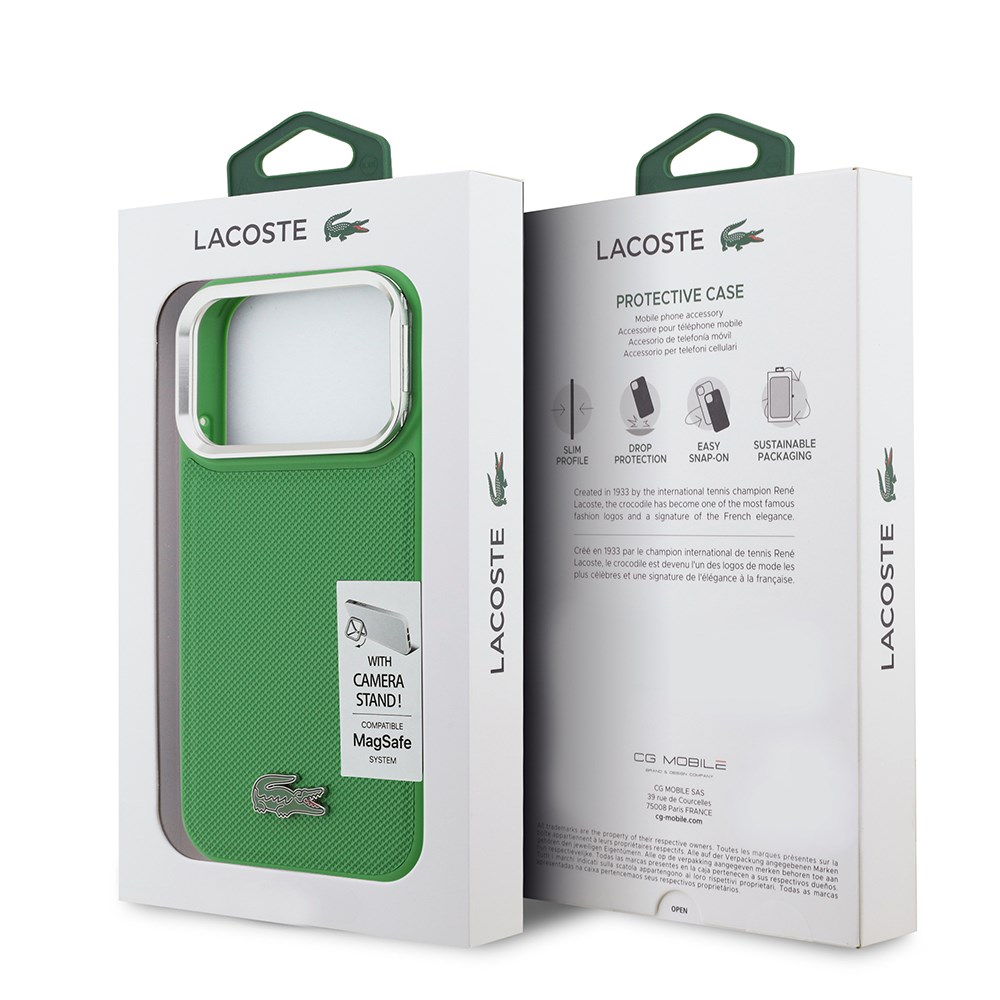Apple iPhone 17 Pro Kılıf Lacoste Orjinal Lisanslı M-safe Şarj Özellikli PU Pike Desenli Standlı Metal Logolu Kapak