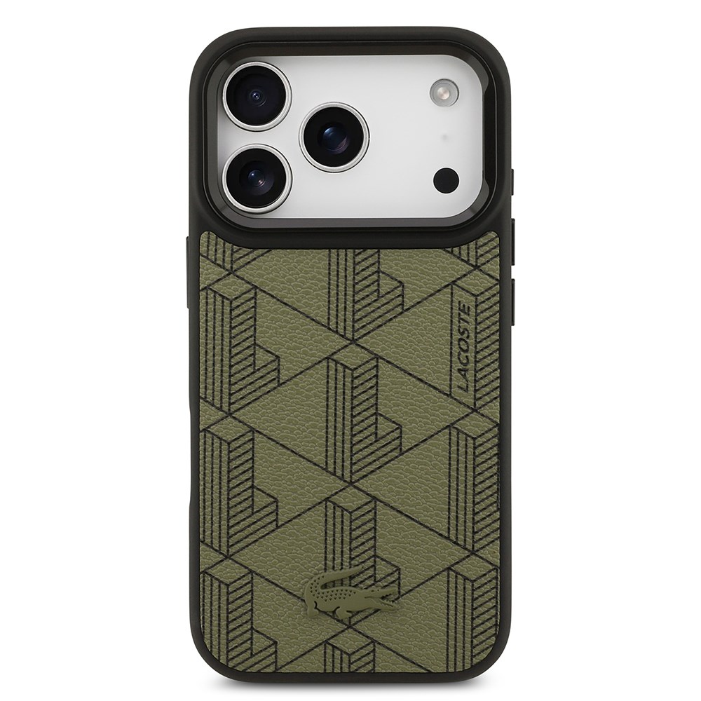 Apple iPhone 17 Pro Kılıf Lacoste Orjinal Lisanslı M-safe Şarj Özellikli Standlı PU Deri Karışık Monogram Desenli Kapak