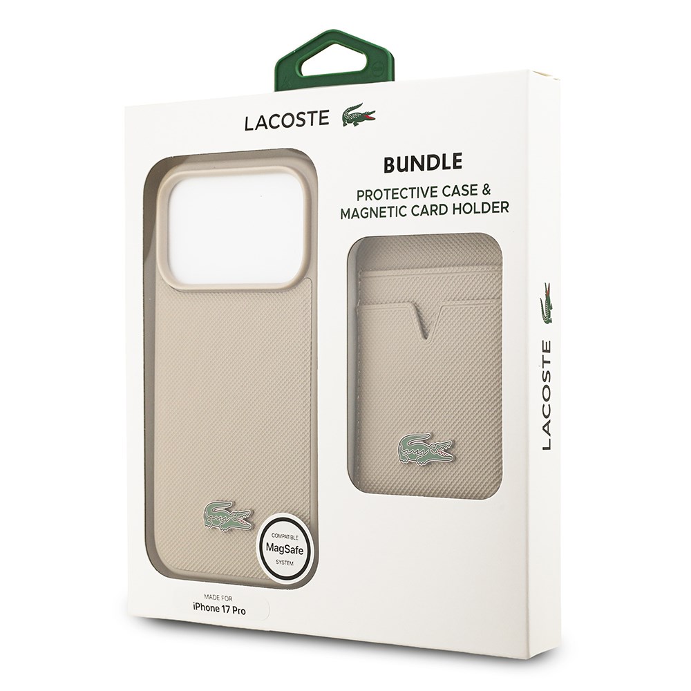 Apple iPhone 17 Pro Kılıf Lacoste Orjinal Lisanslı M-safe Şarj Özellikli PU Pike Desenli Metal Logolu Kartlıklı Kapak