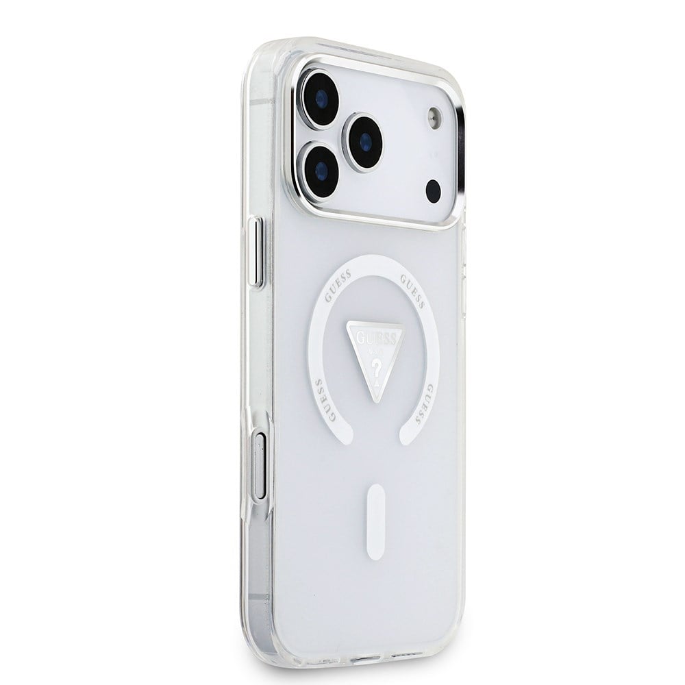 Apple iPhone 17 Pro Max Kılıf Guess Orjinal Lisanslı M-safe Şarj Özellikli IML Baskılı Üçgen Logolu Metal Kamera Çerçeveli Kapak