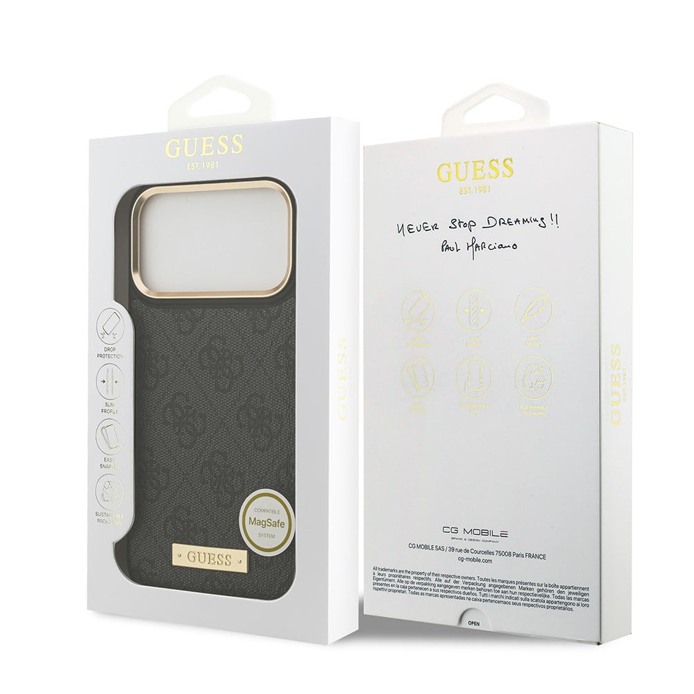 Apple iPhone 17 Pro Max Kılıf Guess Orjinal Lisanslı M-safe Şarj Özellikli 4G Desenli PU Metal Plaka Klasik Logolu Kapak