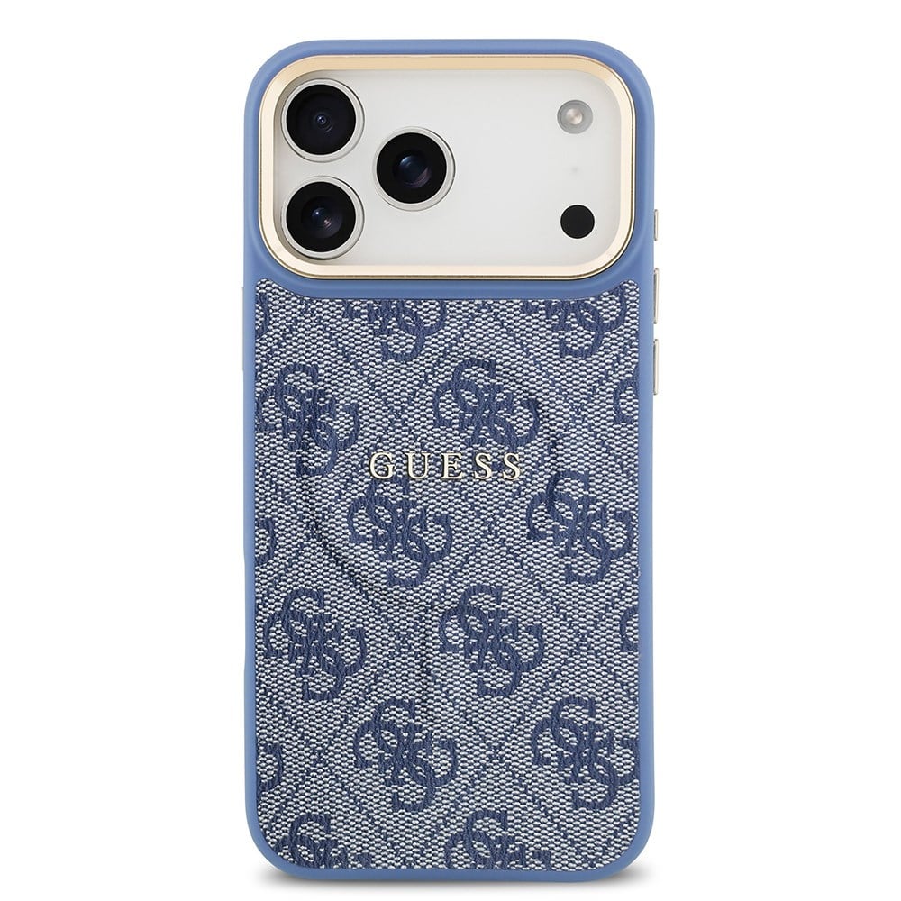Apple iPhone 17 Pro Max Kılıf Guess Orjinal Lisanslı M-safe Şarj Özellikli Gold Metal Kamera Çerçeveli PU Deri 4G Desenli Yazı Logolu Kapak